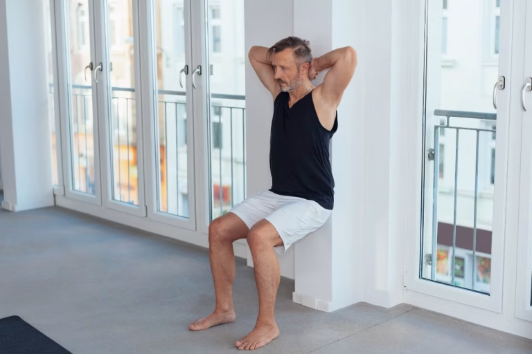 Midlife fitness for men -- man doing a wall sit exercise