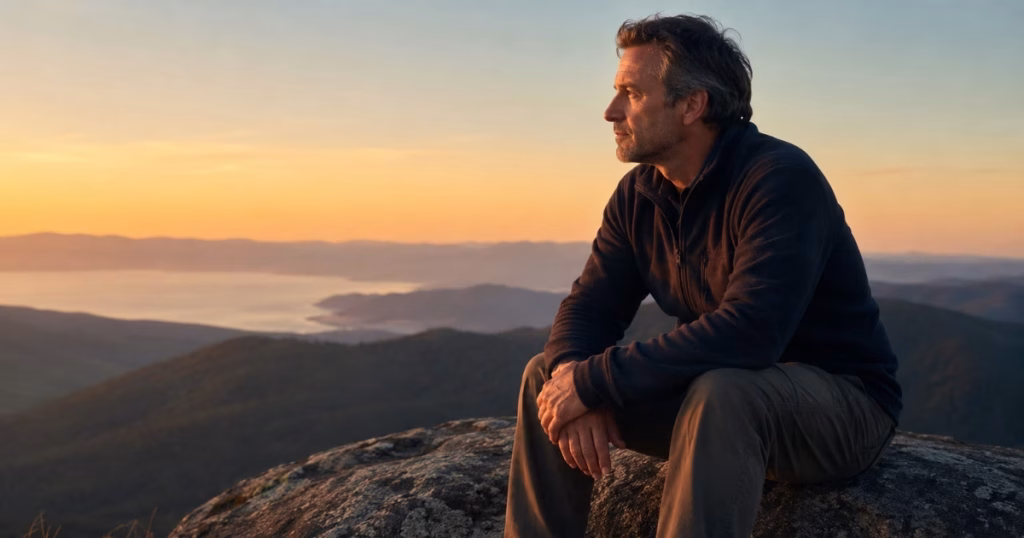Man in his late 40s sitting on a mountain rock at sunrise reflecting on spiritual health for men in midlife