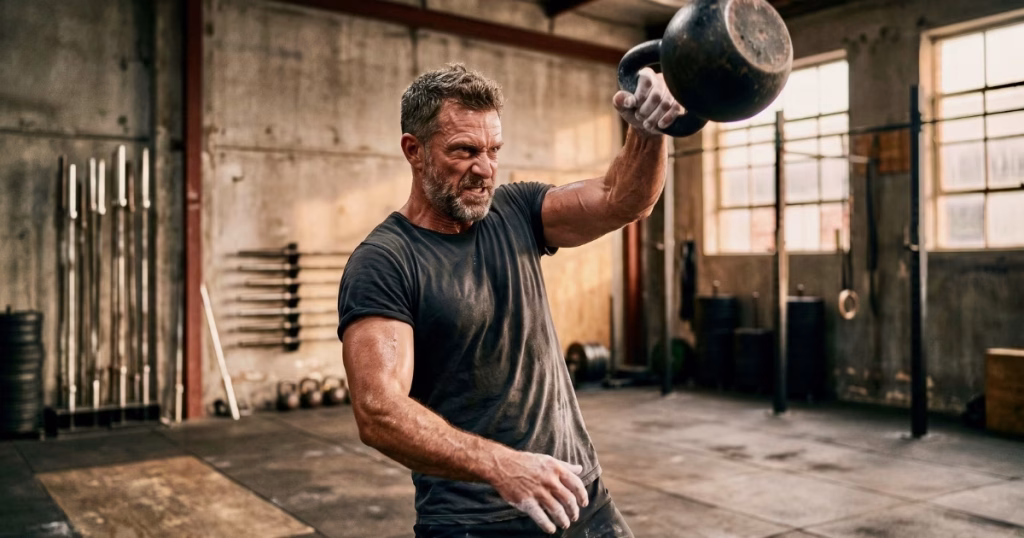 Man in his 40s doing kettlebell training to manage what is andropause - strength training as natural treatment for men over 40