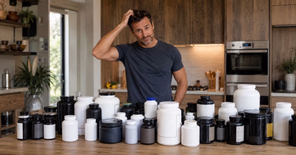 Man in his 40s looking confused in front of testosterone supplement bottles -- best testosterone booster australia guide