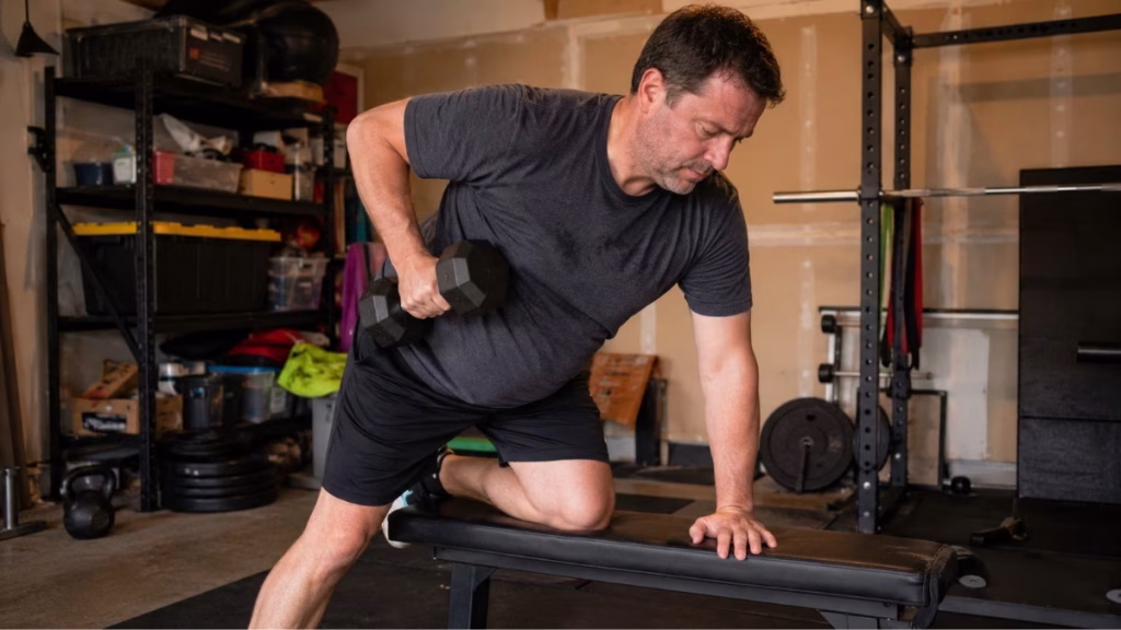 Man in his 40s doing dumbbell training at home - how to lose belly fat at 40