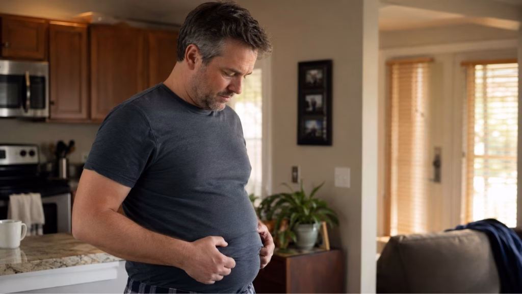 Determined man in his 40s focused on losing belly fat - how to lose belly fat at 40