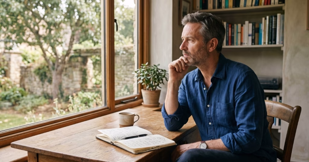 Man in his late 40s sitting at a desk considering a midlife career change at 50