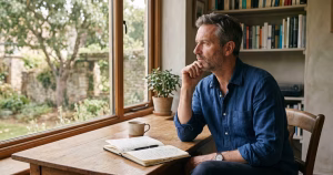 Man in his late 40s sitting at a desk considering a midlife career change at 50