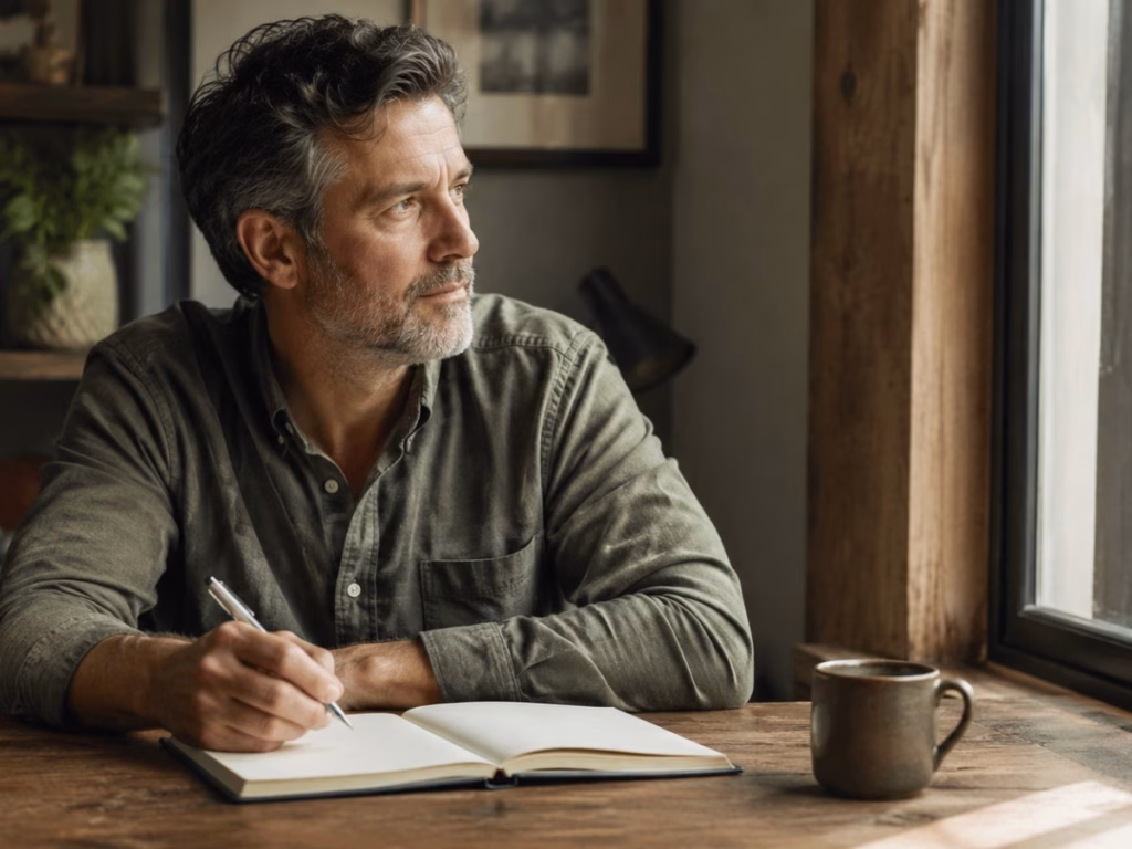 Man in his 50s writing in a notebook planning his midlife career change at 50