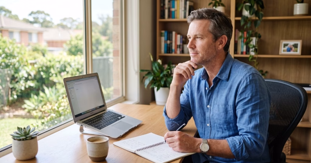 Man in his 40s planning a midlife career change at a home office desk