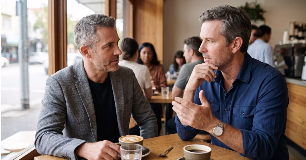 Two men in their 40s discussing midlife career change ideas over coffee