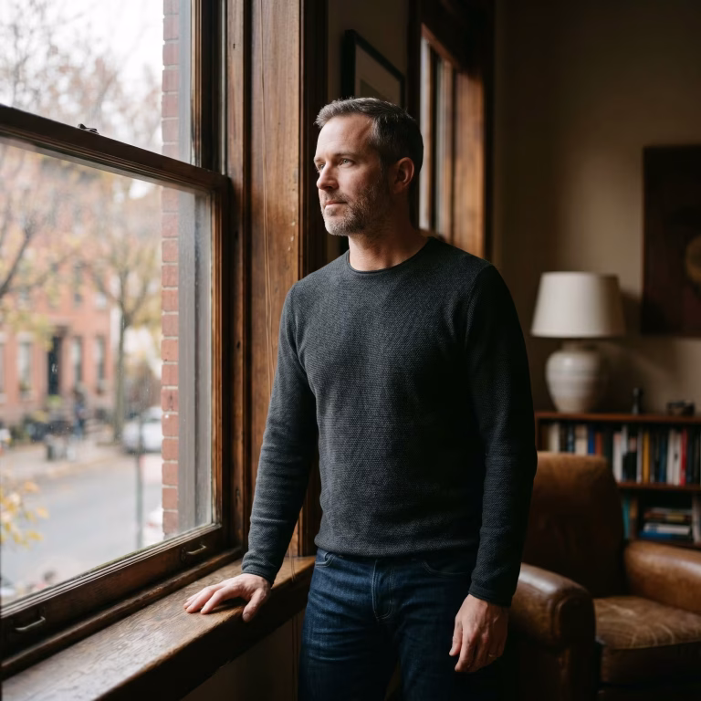 Man in his 40s looking out a window - midlife crisis men founder story at Master Midlife