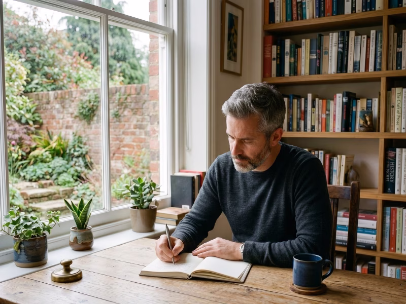 Man in his 40s writing a midlife plan at his desk - midlife crisis men reset roadmap