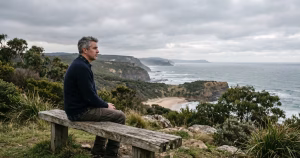 Man in his 40s sitting on a weathered bench overlooking an Australian coastal cliff - midlife depression men