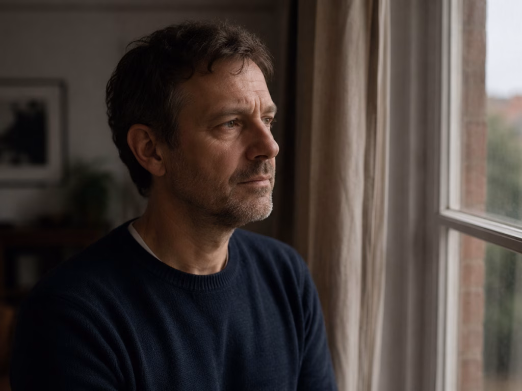 Man in his late 40s looking out a window with a distant expression - signs of midlife depression men experience