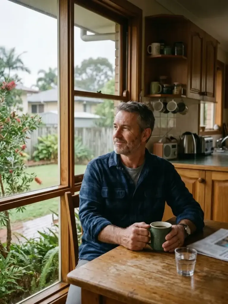 Man in his late 40s sitting at kitchen table with coffee, looking out window - midlife restart plan
